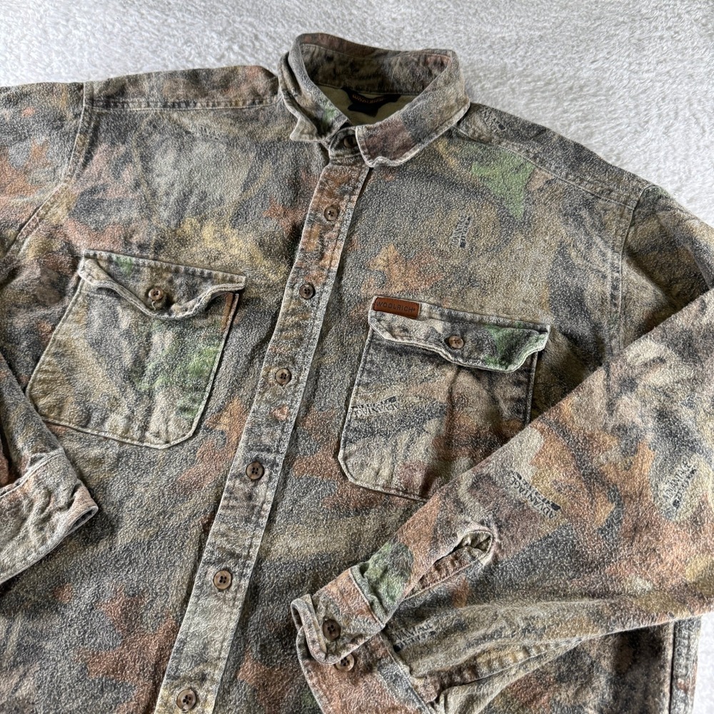 Vintage Woolrich Camo Button Up Long Sleeve Green Shirt XXL 2XL Flannel Casual